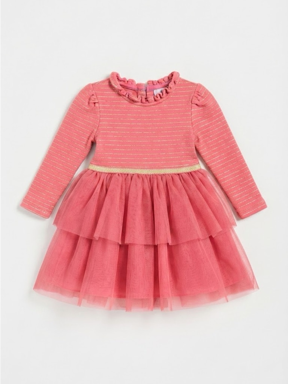 Mini Boden Pink Gold Metallic Striped Ruffle Tiered Tulle Dress Size 2-3Y